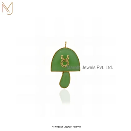 Private Lable 14K Yellow Gold Green Opal And Green Cubic Zircon Large Magic Mushroom Pendant