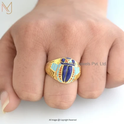 14K Yellow Gold Lapiz Lazuli And Multi Enamel Scarab Ring Manufacturer