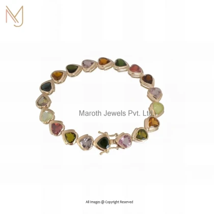 Private Lable 925 Silver Yellow Gold Plated Multi Tourmaline Heart Bracelet
