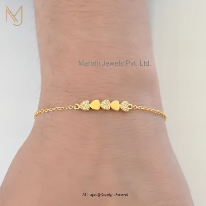 Private Lable 14K Yellow Gold Cubic Zircon Heart Cable Chain Bracelet