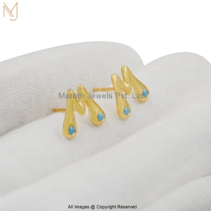 14K Yellow Gold Diamond Turquoise Initial Letter Stud Earring Custom Jewelry