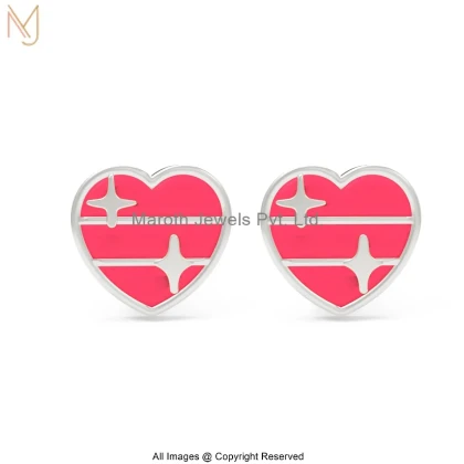 14K White Gold Pink Enamel Heart Stud Earrings Manufacturer