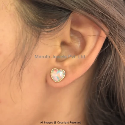 14K Yellow Gold Ethiopian Opal Heart Stud Earring Manufacturer