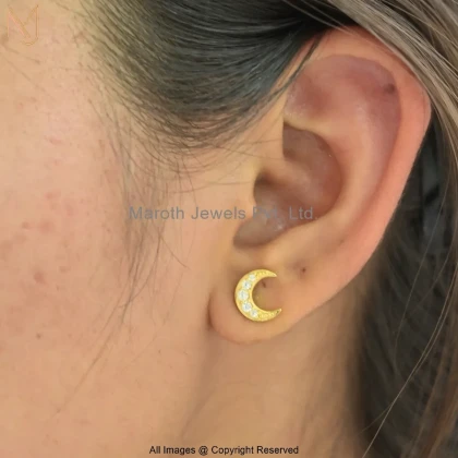 14K Yellow Gold Diamond Cubic Zircon Crescent Moon Earring Custom Jewelry