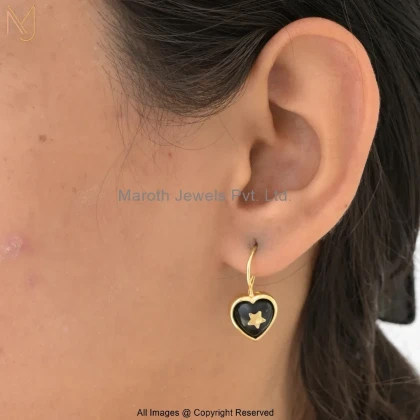 14K Yellow Gold Black Onyx Midnight Star Heart Drop Earrings Manufacturer