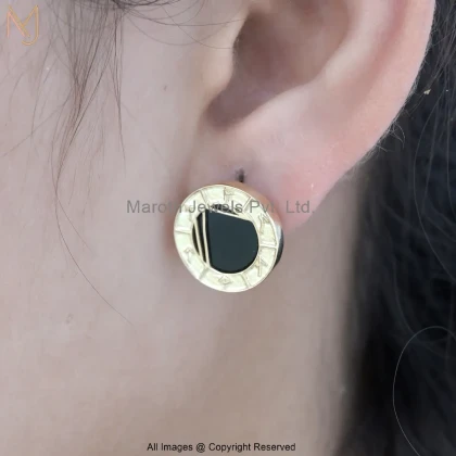 18K Yellow Gold Black Onyx Gemstone Gold Finish Black Inlay Engraved Disc Stud Earrings USA
