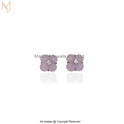 14K White Gold Rose Quartz Cubic Zircon Lavender Four-Petal Crystal Stud Earrings USA