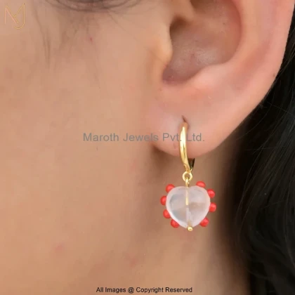 14K Yellow Gold Rose Quartz Heart Drop Earrings Jewelry Supplier