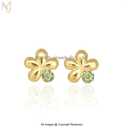 14K Yellow Gold Emerald Flower Stud Earring Manufacturer