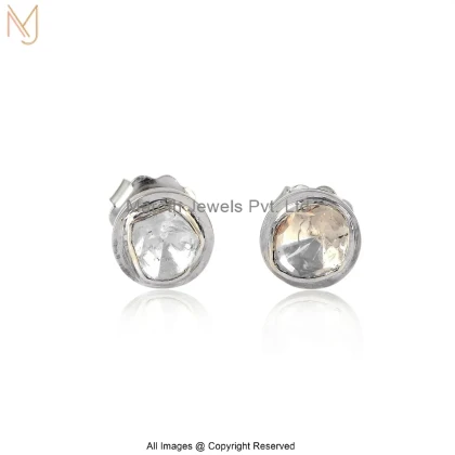 14K White Gold Raw Crystal Round Stud Earrings Custom Jewelry