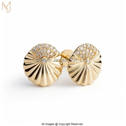 14K Yellow Gold Pave Diamond Moissanite Sea Shell Stud Earring Custom Jewelry