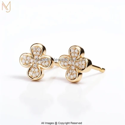 14K Yellow Gold Diamond Moissanite Four Leaf Clover Stud Earring Custom Jewelry