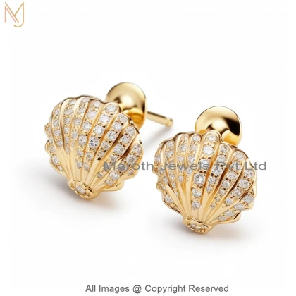 14K Yellow Gold Cubic Zircon Diamond Scallop Shell Stud Earrings Manufacturer