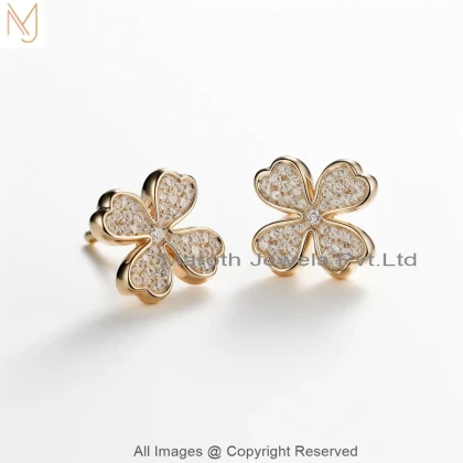 Private Lable 14K Yellow Gold Pave Diamond Moissanite Four Leaf Clover Stud Earring