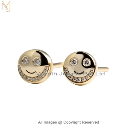 14K Yellow Gold Diamond Smiley Face Gold Stud Earrings Jewelry Supplier