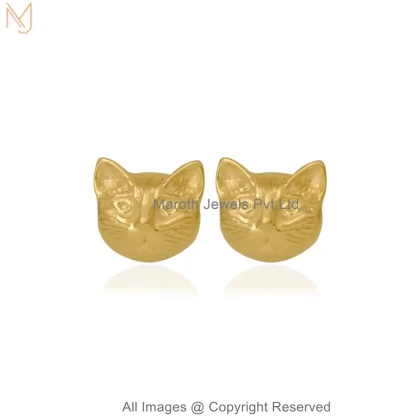 14K Yellow Gold Cute Cat Face Gold Stud Earrings Manufacturer