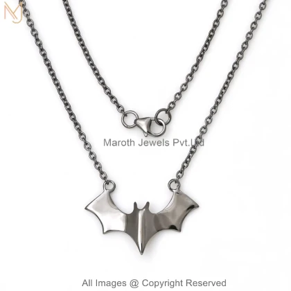 925 Sterling Silver White Gold Plated Midnight Bat Necklace Custom Jewelry